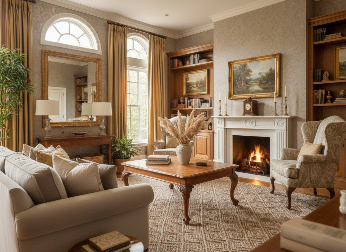Warm ornate residential living space with natural light