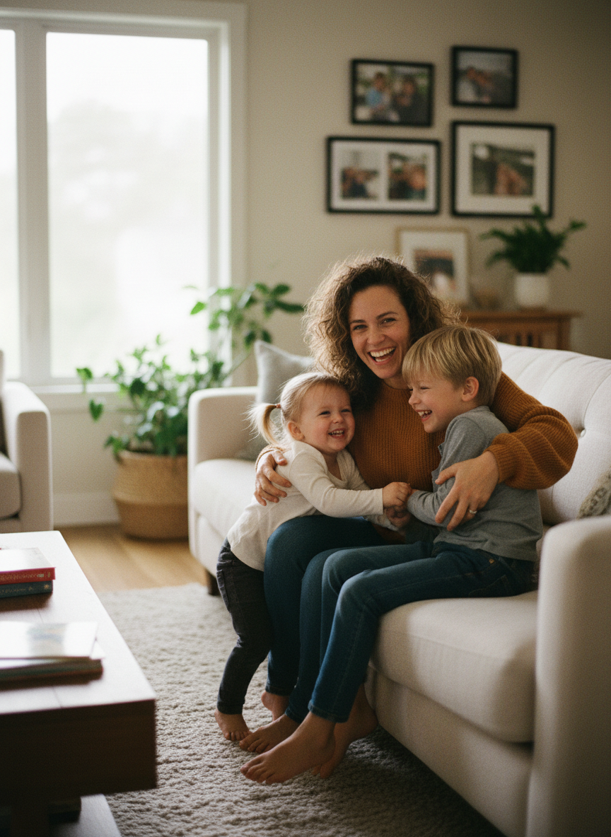 Christine Vese on a couch with two young children