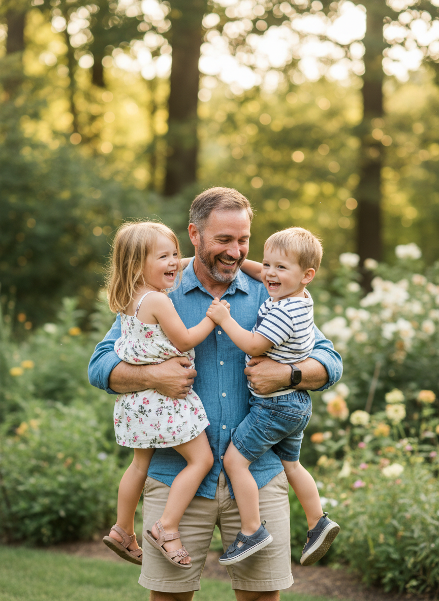 Jonathan Vese outdoors holding two young children in warm natural light